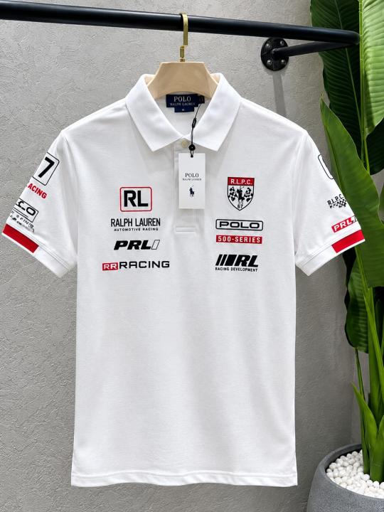 Ralp Lauren White Premium Cotton Lycra Pique fabric Polo Tshirt with Front & Back Printed Design 4449