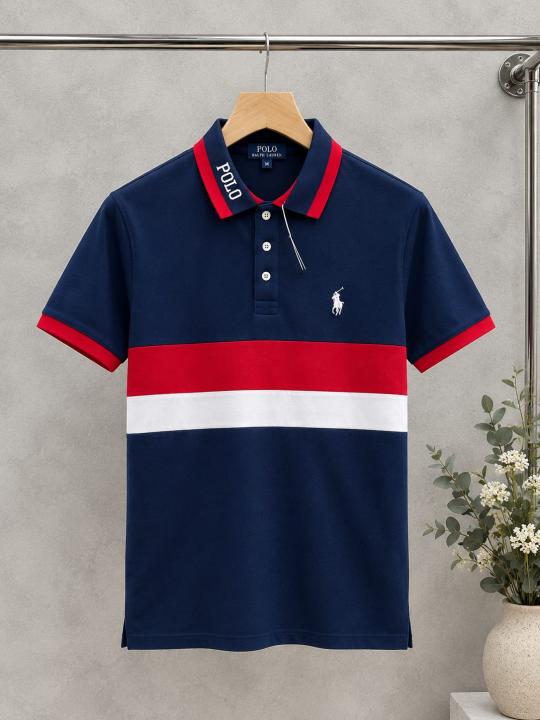 Ralf Lauren Blue Premium Cotton Pique fabric Polo Tshirt with Front Design and Embroidered Logo 3793