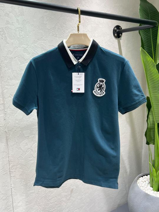 Tommy Hilfige Green Premium Cotton Lycra Pique fabric Polo Tshirt with Collar Design and embroidery patch logo 4370