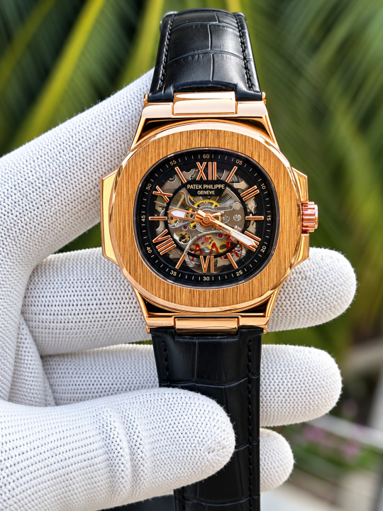 PATEK PHILIPE AUTOMATIC LEATHER BELT BLACK COPPER BLACK AT288