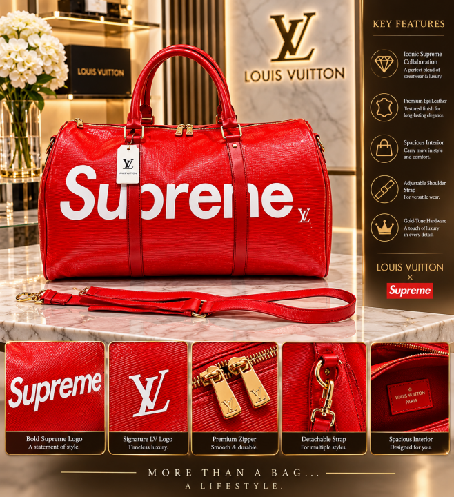 LOUIIS VUITTON x  SUPREME RED KEEPALL BANDOULIERE PREMIUM CLASSIC DUFFLE BAG