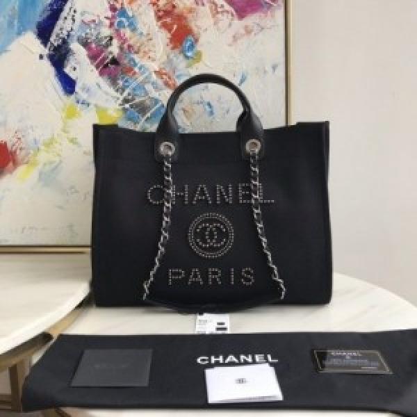 Chennel Deauville Pearl Canvas Tote Bag Black 220