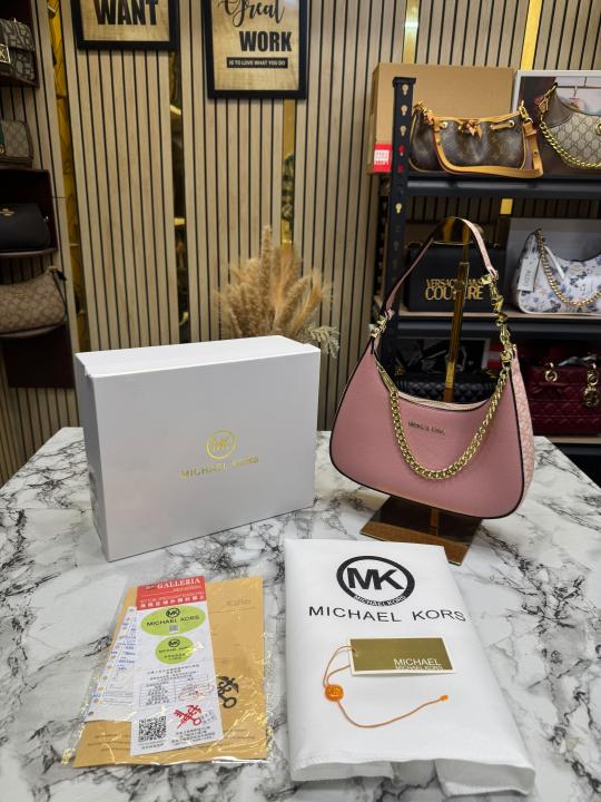 Michael Kor Mk Signature Chain Shoulder Bag With Leather Trim (Pink)(62306)