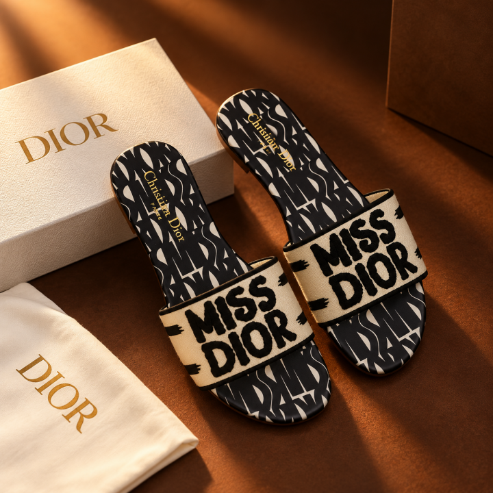 Miss Dioor Premium Quality Dway Slide With OG Box & Carry Bag (White Black - 1058)
