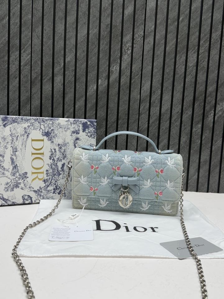 Diyor 602 Cannage Denim Blue Top Handle Shoulder Bag With Original Box DustCover & Chain Sling