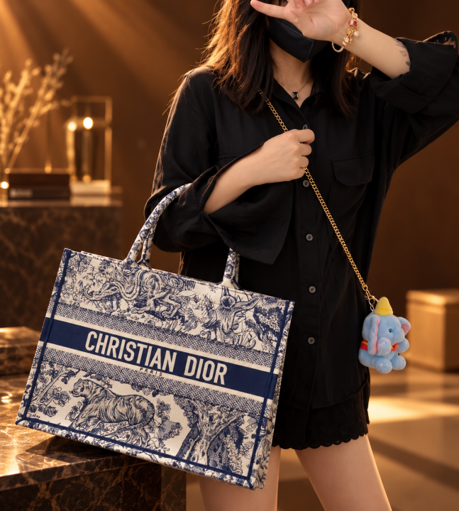 Dioor Book Tote Blue Toile De Jouy With OG Box & Dust Bag & Scarf (Blue Tiger - 572)