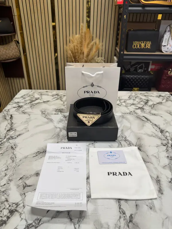 Pradda Saffiano Leather Belt Gold Buckle With Box Dust Bag And Carrybag (14 1)