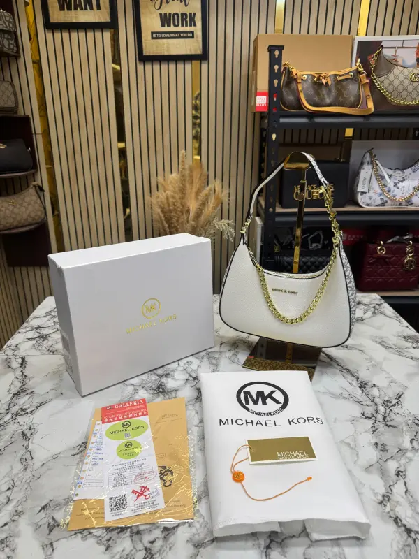 Michael Kor Mk Signature Chain Shoulder Bag With Leather Trim (Vanilla Brown)(62306)