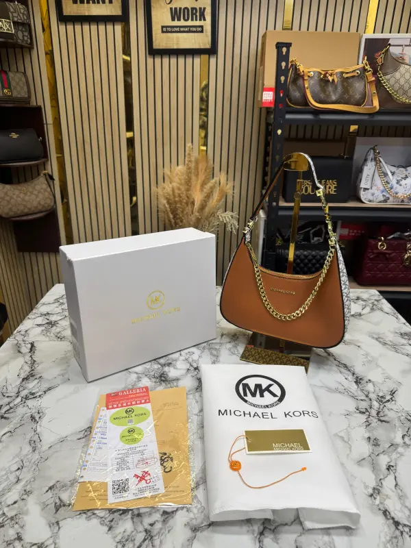 Michael Kor Mk Signature Chain Shoulder Bag With Leather Trim (Vanilla Brown)(62306)