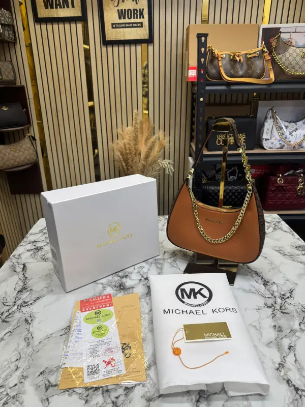 Michael Kor Mk Signature Chain Shoulder Bag With Leather Trim (Coffee Brown)(62306)