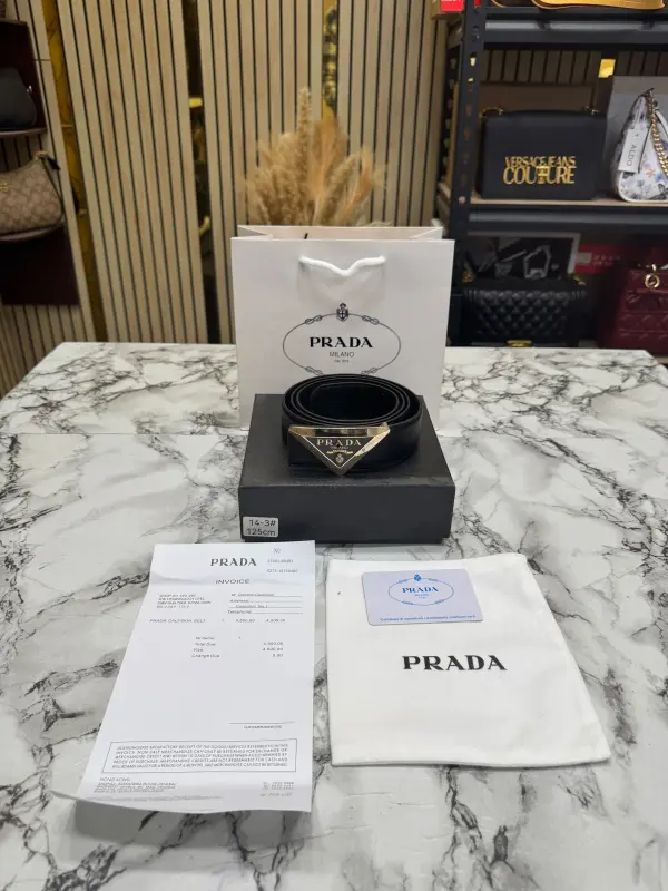 Pradda Saffiano Leather Belt Gold Buckle With Box Dust Bag And Carrybag (14 3)