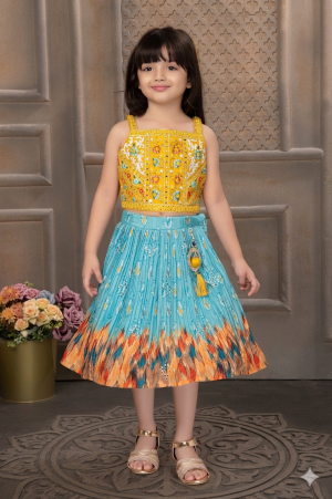 Girls Ethnic Yellow & Blue Designer Set  Choli With Skirt Festive Wear for Kids