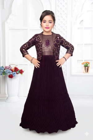 Exquisite Deep Purple Pleated Gown with Embellished Jacket for Girls