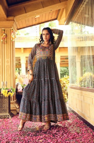 Premium Faux Georgette Ruffle Gown for Women  RR-08  Gamthi Jacquard Neck & Lace Border  Festive & Party Wear  Grery Premium Faux Georgette Ruffle Gown for Women  RR-08  Gamthi Jacquard Neck & Lace Border  Festive & Party Wear  Grery