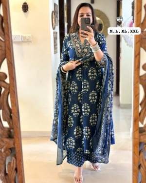 Premium Cotton Anarkali Kurta Set with Sanganeri Print & Embroidery Work  3 Piece Summer Suit