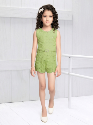 Girls Pistachio Green Sleeveless Eyelet Romper  Stylish Summer Wear for Kids
