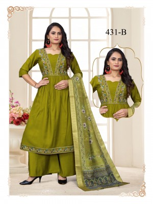 Heavy Bombay Silk V-Neck Kurti Set with Handwork Palazzo & Dupatta Parrot Green