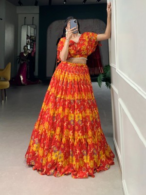 Chiffon Floral Print Co-ord Set  Lehenga & Blouse  NNK1132RED Chiffon Floral Print Co-ord Set  Lehenga & Blouse  NNK1132RED