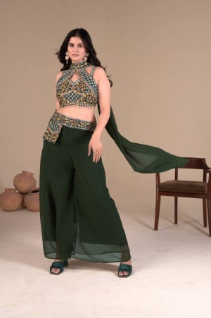 Elegant Green Embroidered Georgette Palazzo Set with Blouse & Dupatta  Real Modeling Premium Ethnic Wear Elegant Green Embroidered Georgette Palazzo Set with Blouse & Dupatta  Real Modeling Premium Ethnic Wear
