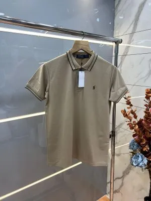 Ralp h Lauren Beige Premium Imported 240 GSM Interlock Lycra Fabric Polo Tshirt with Collar Design and Embroidered Logo 4063