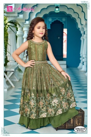 Girls Mehendi Green Embroidered Long Dress with Plazo