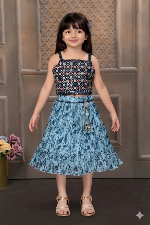Designer Girls Mirror-Work Crop Top and Printed Skirt Set
