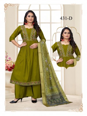 Heavy Bombay Silk V-Neck Kurti Set with Handwork Palazzo & Dupatta