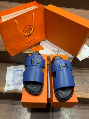 HERMES LOGO BLUE PREMIUM LEATHER SLIDE