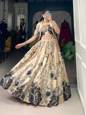 Tussar Silk Wedding Lehenga Set with Floral Print Crop Top  NNK1129BGN Tussar Silk Wedding Lehenga Set with Floral Print Crop Top  NNK1129BGN