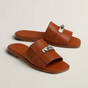 HERMES BROWN PREMIUM LEATHER SLIDE