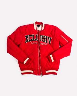 XCLUSIV RED VARSITY BOMBER JACKET