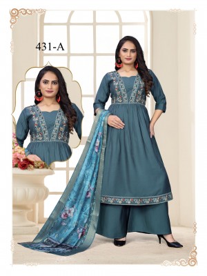 Heavy Bombay Silk V-Neck Kurti Set with Handwork Palazzo & Dupatta