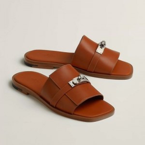 HERMES BROWN PREMIUM LEATHER SLIDE os HERMES BROWN PREMIUM LEATHER SLIDE os