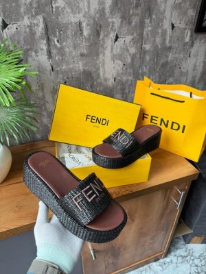 Fendi Sunshine Flip flop Sandal With Platform In Cotton Fiber Brown Brown With OG Box Carry Bag B4U