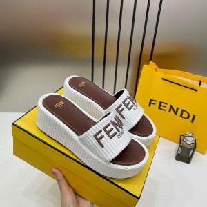 Fendi Sunshine Flip flop Sandal With Platform In Cotton Fiber White Brown With OG Box Carry Bag B4U