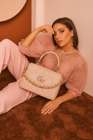 Liora Embroidery Design Handbag With Chain And Shoulder Strap Pink B102