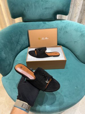 Loro Piana Summer Charms Black suede Flat Slides For Her With OG Box Black