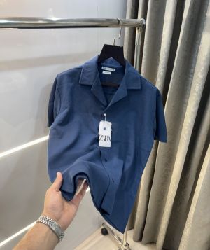 Zar a Petrol Blue New Cubin Collar Premium Oversized Half Shirt
