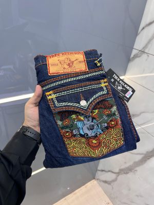 True Religion Dark Blue Shade Premium Imported Boot Cut Denim with back flap pocket Embroidered Logo brand box and carry bag 2668