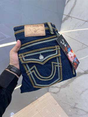 True Religion Blue shade Premium Imported Embroidered Design Straight Fit Denim with back flap pocket With Brand Box And Carry Bag 2667