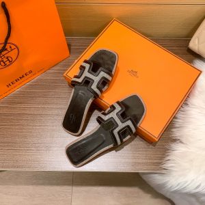 Hermes Paris Oran Flats With OG Box & Carry Bag (Black White - 920)