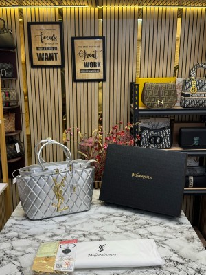 YSL Yves Saint Laurent Maxi Tote Bag With Box And Dust Bag (Silver)