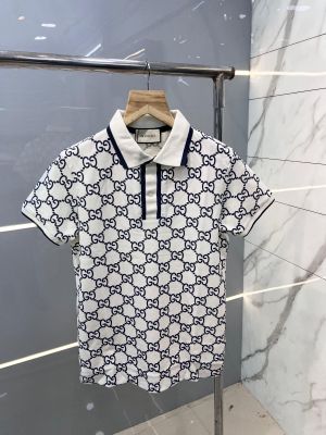 Gucc i White Premium Polo TShirt with 275 gsm Pique 4way lycra fabric and Jaquard Collar with All over Monogram Printed 2536