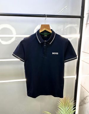 Hugo_Boss Navy Embossed Logo Print Premium Collar Neck Polo T-shirt F1691-NY