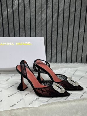 Amina Muaddi Camellia Crystal Embellished Lace SlingBack Heels For Women With Original Box