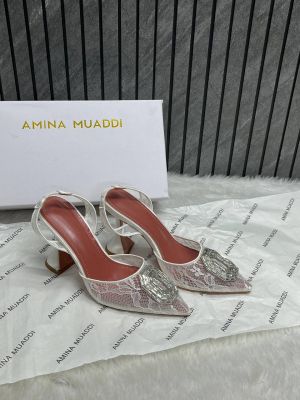 Amina Muaddi Camellia Crystal Embellished Lace SlingBack Heels For Women With Original Box
