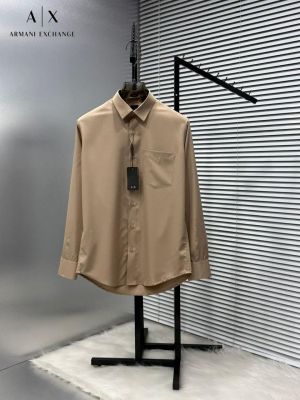 Arman i Exchange Beige Premium Korean Lycra Imported Fabric Shirt With custom Branded Button Tagging and Pocket Embroidered Logo with Brand Packing 2803