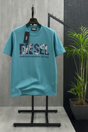 SALE Diese_l Middle Brand Logo Round Neck T-shirt Sea Blue