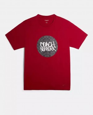SALE Coac_h Middle Brand Logo Round Neck T-shirt Red