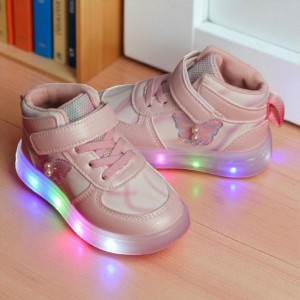 Pearls Embellished Butterfly Patch Detailed LED Shoes - Pink